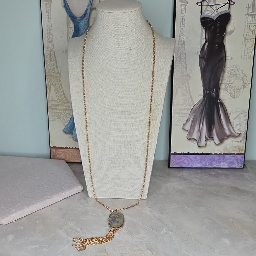 Abalone Shell Statement Necklace 30" Long Pendant… - image 1